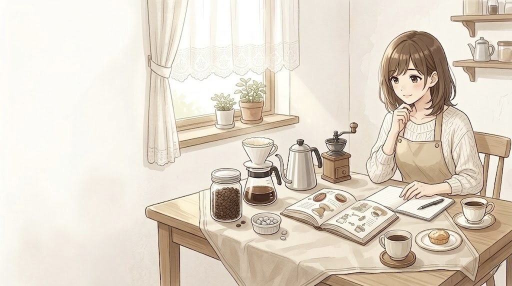 コーヒーの本を読みながら保存方法を見直している、エプロン姿の女性とコーヒー道具のやわらかいイラスト