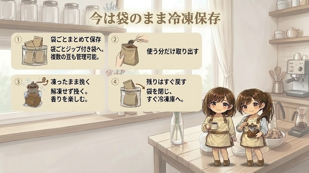 コーヒー豆を袋のまま冷凍保存する手順を4ステップでまとめた図解