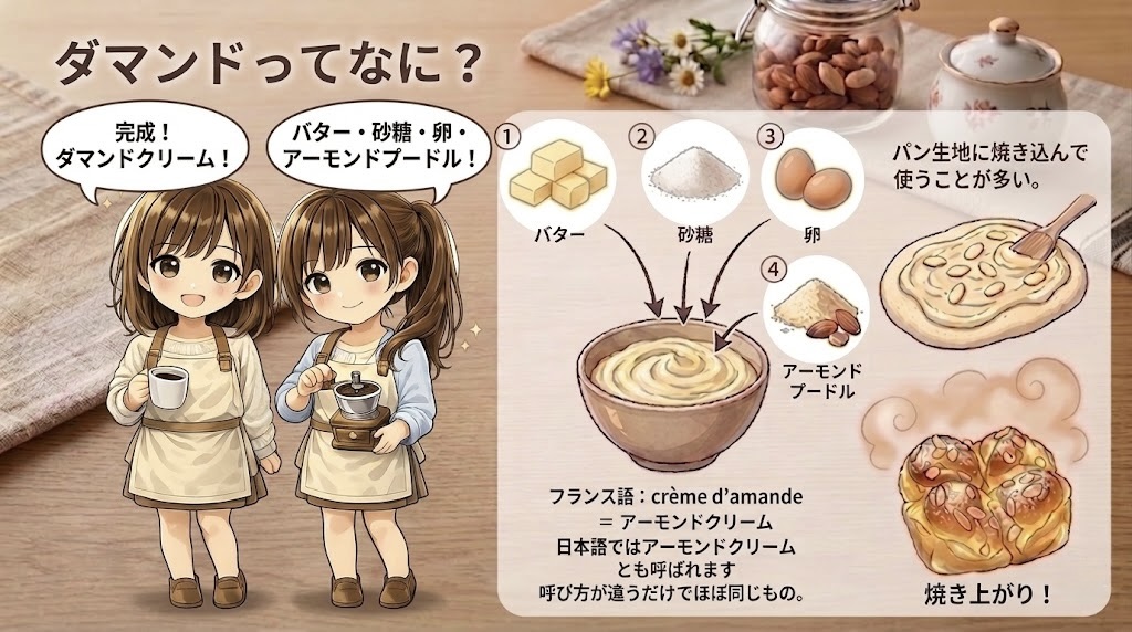 ダマンド（アーモンドクリーム）の材料と作り方を解説した図解イラスト