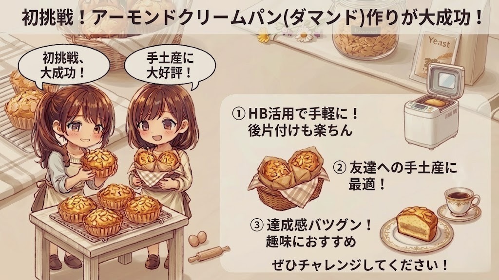 アーモンドクリームパン（ダマンド）初挑戦大成功のまとめイラスト